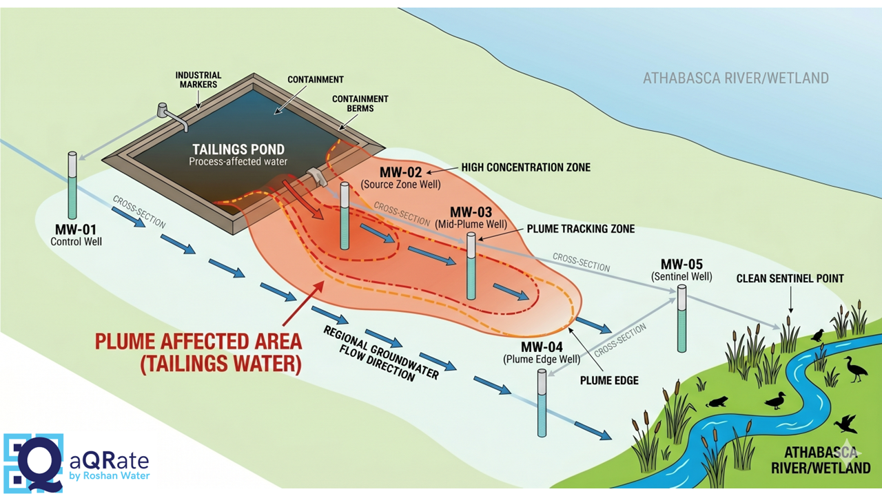 Schematic diagram showing the tailings pond, plume affected area, monitoring wells MW-01 through MW-05, groundwater flow direction, and the Athabasca River/Wetland